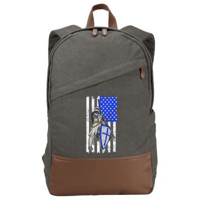 Blue Line Flag Templar Knight Warrior Cotton Canvas Backpack