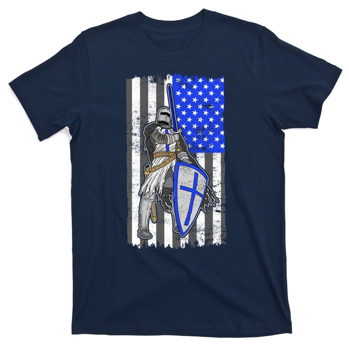 Blue Line Flag Templar Knight Warrior T-Shirt