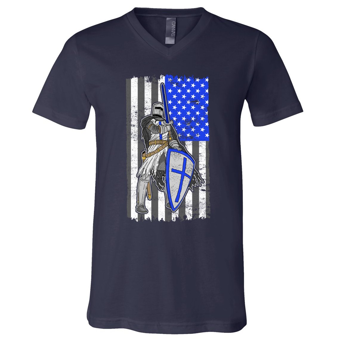 Blue Line Flag Templar Knight Warrior V-Neck T-Shirt