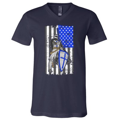 Blue Line Flag Templar Knight Warrior V-Neck T-Shirt