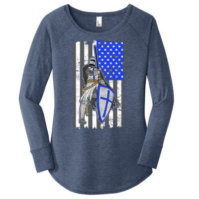 Blue Line Flag Templar Knight Warrior Women's Perfect Tri Tunic Long Sleeve Shirt