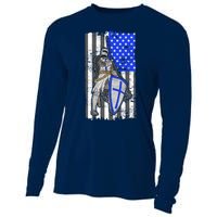 Blue Line Flag Templar Knight Warrior Cooling Performance Long Sleeve Crew