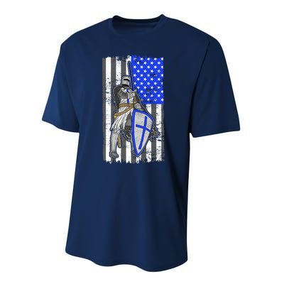 Blue Line Flag Templar Knight Warrior Performance Sprint T-Shirt