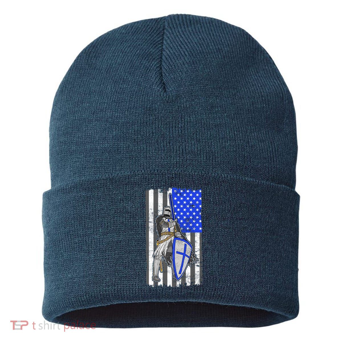 Blue Line Flag Templar Knight Warrior Sustainable Knit Beanie