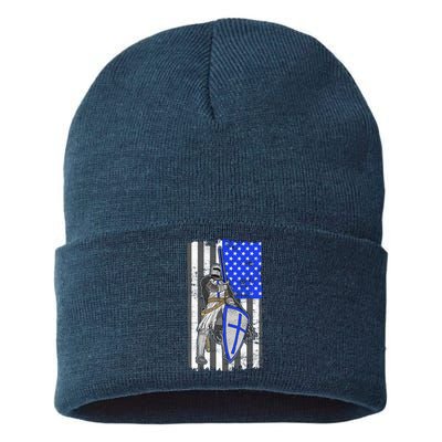 Blue Line Flag Templar Knight Warrior Sustainable Knit Beanie