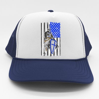 Blue Line Flag Templar Knight Warrior Trucker Hat