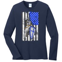 Blue Line Flag Templar Knight Warrior Ladies Long Sleeve Shirt