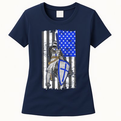 Blue Line Flag Templar Knight Warrior Womens T-Shirt