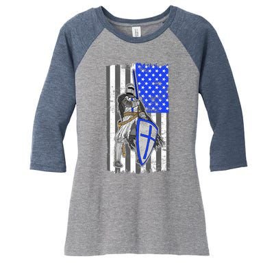 Blue Line Flag Templar Knight Warrior Women's Tri-Blend 3/4-Sleeve Raglan Shirt