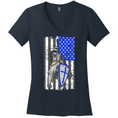 Blue Line Flag Templar Knight Warrior Women's V-Neck T-Shirt