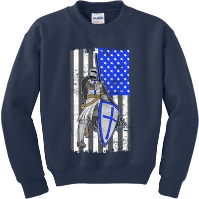 Blue Line Flag Templar Knight Warrior Kids Sweatshirt
