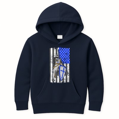 Blue Line Flag Templar Knight Warrior Kids Hoodie