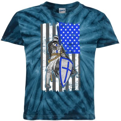 Blue Line Flag Templar Knight Warrior Kids Tie-Dye T-Shirt