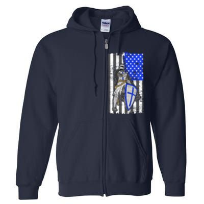 Blue Line Flag Templar Knight Warrior Full Zip Hoodie