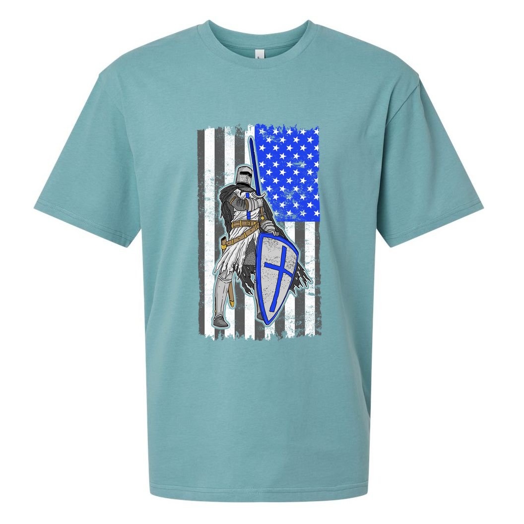 Blue Line Flag Templar Knight Warrior Sueded Cloud Jersey T-Shirt