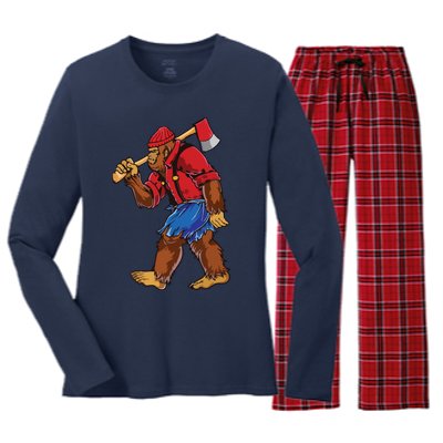 Bigfoot Lumberjack Funny Woodworking Sasquatch Lover Women's Long Sleeve Flannel Pajama Set 