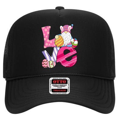 Bunny Love Gnome Rabbit Eggs Hunting Easter High Crown Mesh Back Trucker Hat