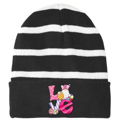 Bunny Love Gnome Rabbit Eggs Hunting Easter Striped Beanie with Solid Band