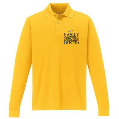 Bird Lovers Gifts For Women Men Gift Easily Distracted By Birds Gift Performance Long Sleeve Polo