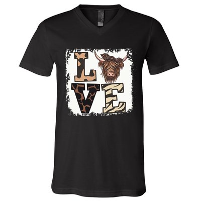 Bleached Love Highland Cow Scottish Leopard Bandana Heifer V-Neck T-Shirt