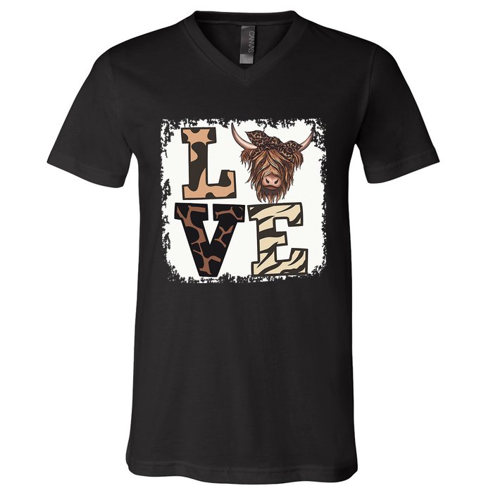 Bleached Love Highland Cow Scottish Leopard Bandana Heifer V-Neck T-Shirt