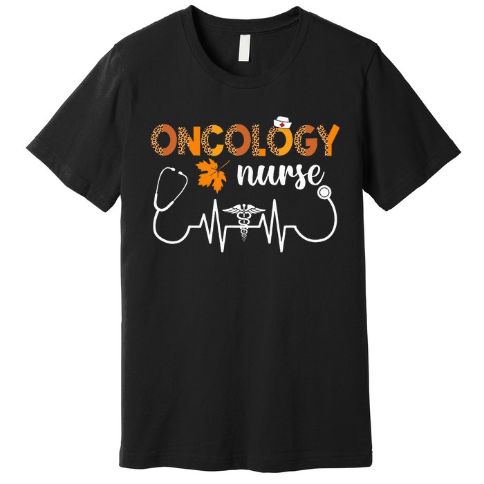 Boho Leopard Heartbeat Oncology Nurse Fall Thanksgiving Premium T-Shirt