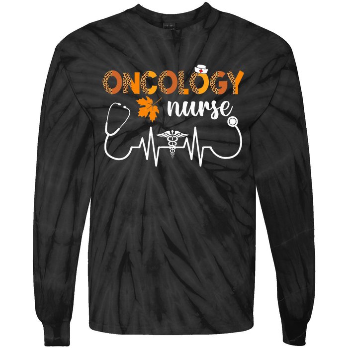 Boho Leopard Heartbeat Oncology Nurse Fall Thanksgiving Tie-Dye Long Sleeve Shirt