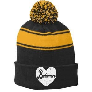 Baltimore Love Heart Support Tribute Stripe Pom Pom Beanie