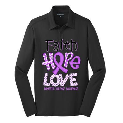 Believe Love Hope Purple Ribbon Domestic Violence Awareness Silk Touch Performance Long Sleeve Polo