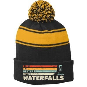 Backpacking Life Is Better With Waterfalls Retro Stripe Pom Pom Beanie