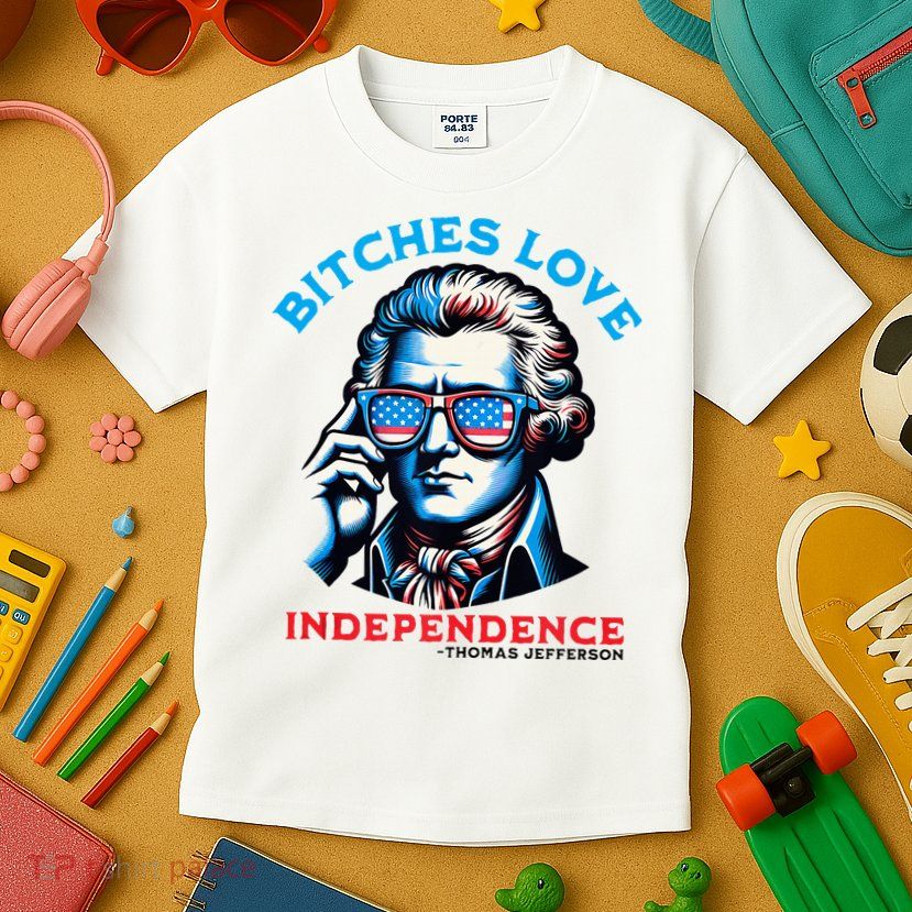 Bitches Love Independence Funny 4th Of July Thomas Jefferson Kids T-Shirt