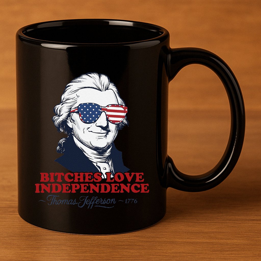 Bitches Love Independence Funny Patriotic Thomas Jefferson 11oz C Handle Ceramic Mug