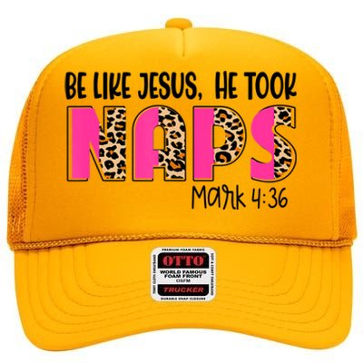 Be Likes Jesus He Took Naps Christian Leopard Print High Crown Mesh Back Trucker Hat