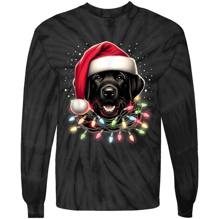 Black Lab Labrador Christmas Tree Light Pajama Dog Xmas Tie-Dye Long Sleeve Shirt