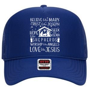 Believe Like Mary Christmas Nativity Jesus Christian Meaningful Gift High Crown Mesh Back Trucker Hat