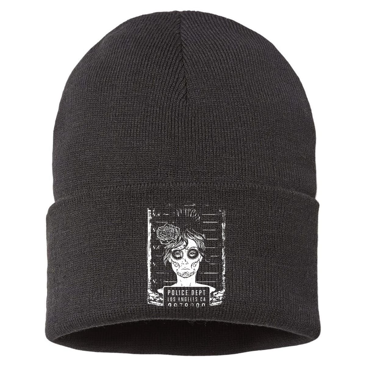 Busted LA Mexican Sugar Skull Design Catrina Dia De Muertos Sustainable Knit Beanie