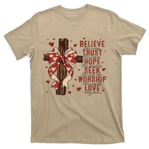 Believe Like Mary Trust Like Joseph Coquette Bow Cross T-Shirt