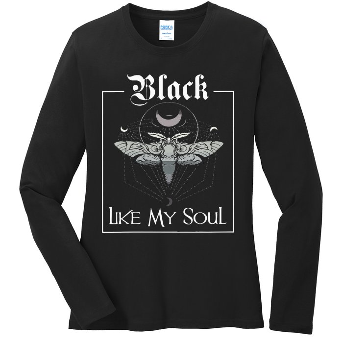 Black Like My Soul Vintage Goth Moth And Crescent Moon Ladies Long Sleeve Shirt