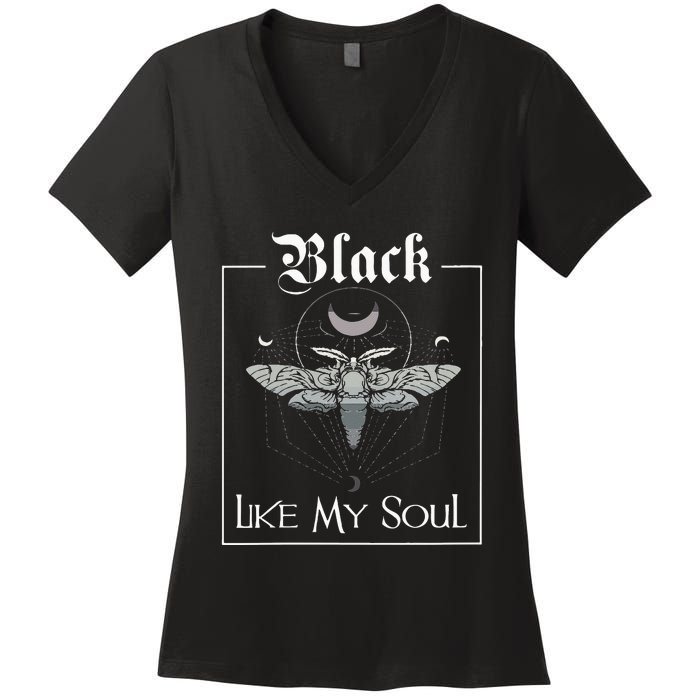 Black Like My Soul Vintage Goth Moth And Crescent Moon Women's V-Neck T-Shirt