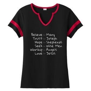 Believe Like Mary And Trust Like Joseph Christmas Image Ladies Halftime Notch Neck Tee