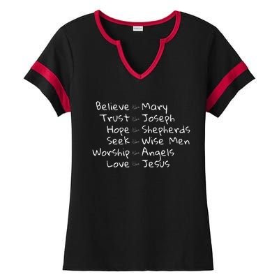 Believe Like Mary And Trust Like Joseph Christmas Image Ladies Halftime Notch Neck Tee