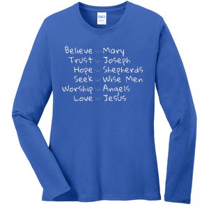 Believe Like Mary And Trust Like Joseph Christmas Image Ladies Long Sleeve Shirt