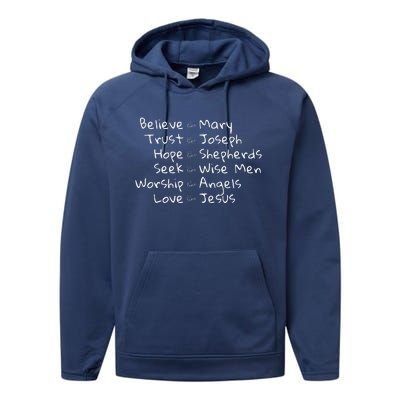 Believe Like Mary And Trust Like Joseph Christmas Image Performance Fleece Hoodie