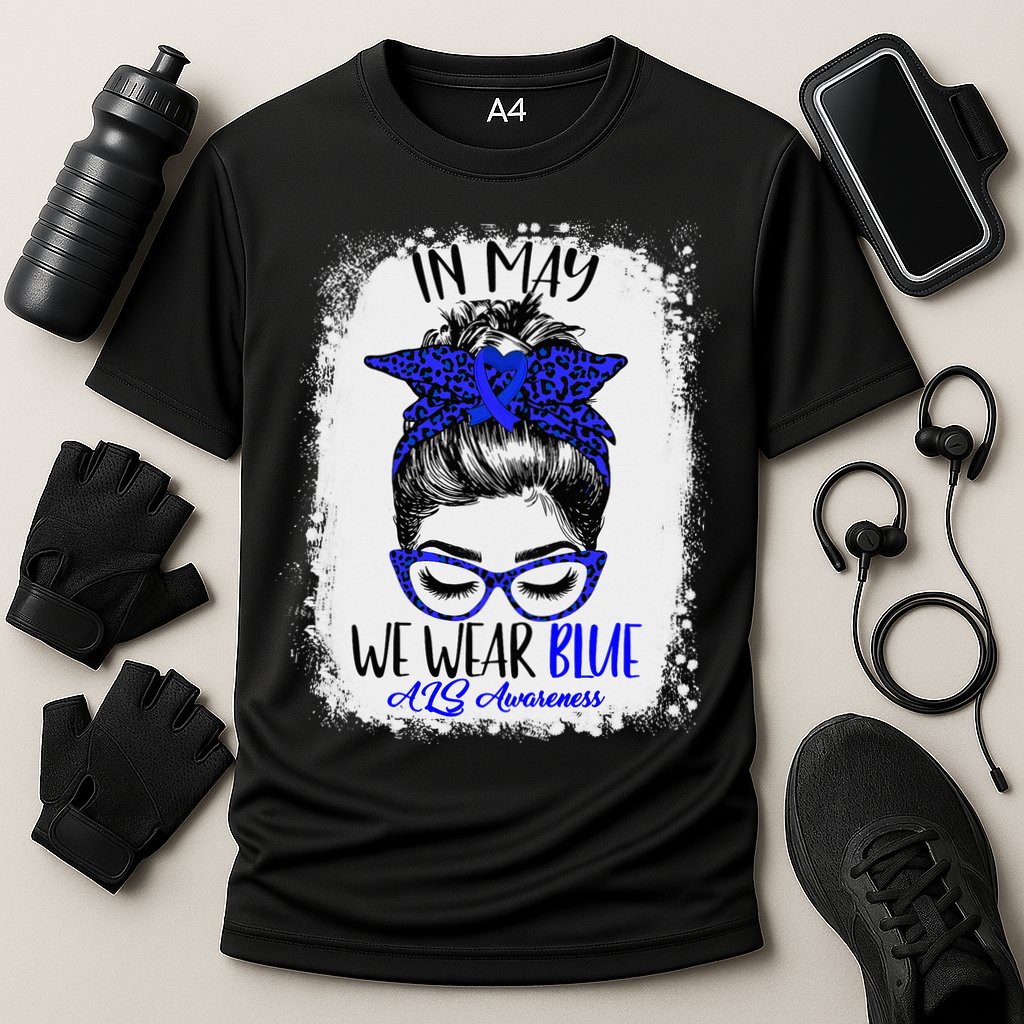 Bleached Leopard Messy Bun In May We Wear Blue ALS Awareness Cooling Performance Crew T-Shirt