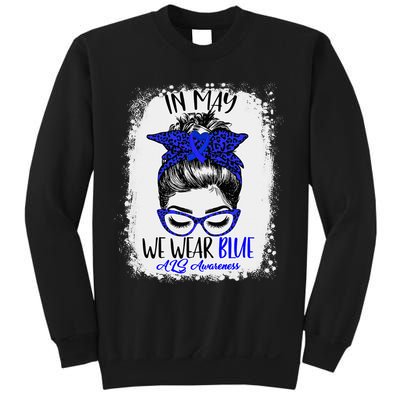 Bleached Leopard Messy Bun In May We Wear Blue ALS Awareness Sweatshirt