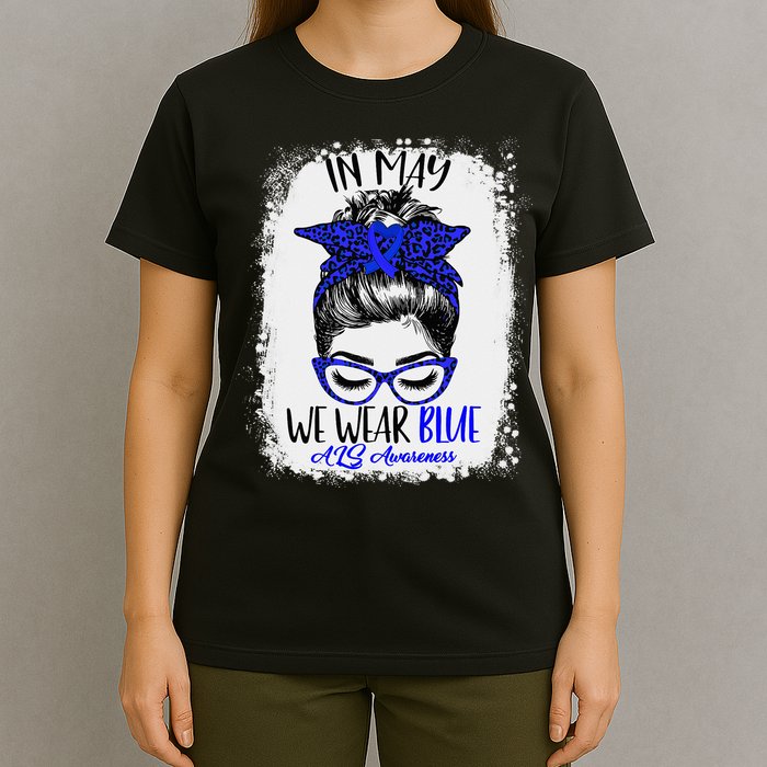 Bleached Leopard Messy Bun In May We Wear Blue ALS Awareness T-Shirt