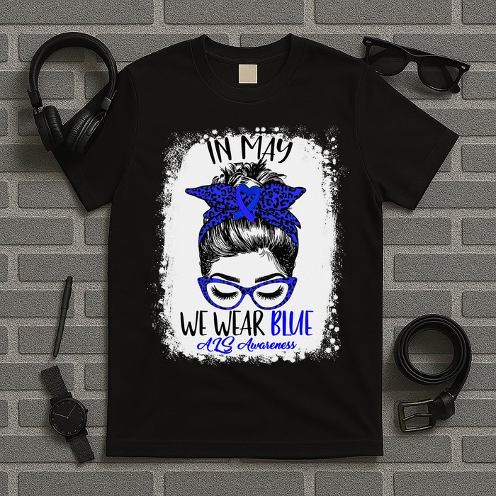 Bleached Leopard Messy Bun In May We Wear Blue ALS Awareness T-Shirt