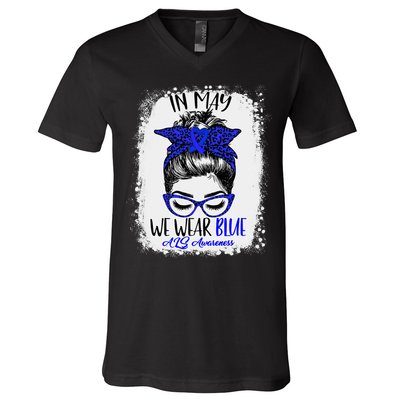 Bleached Leopard Messy Bun In May We Wear Blue ALS Awareness V-Neck T-Shirt