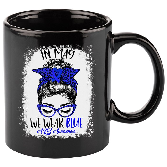 Bleached Leopard Messy Bun In May We Wear Blue ALS Awareness 11oz C Handle Ceramic Mug