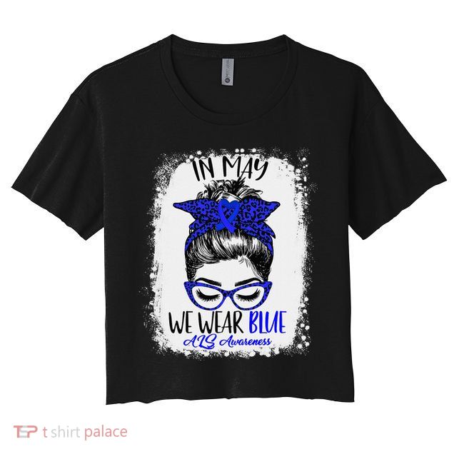 Bleached Leopard Messy Bun In May We Wear Blue ALS Awareness Crop Top